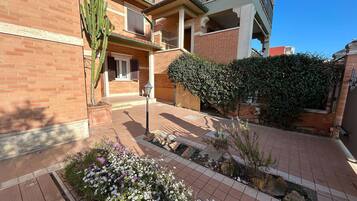 A courtyard with a brick building, a cactus, and a variety of plants.