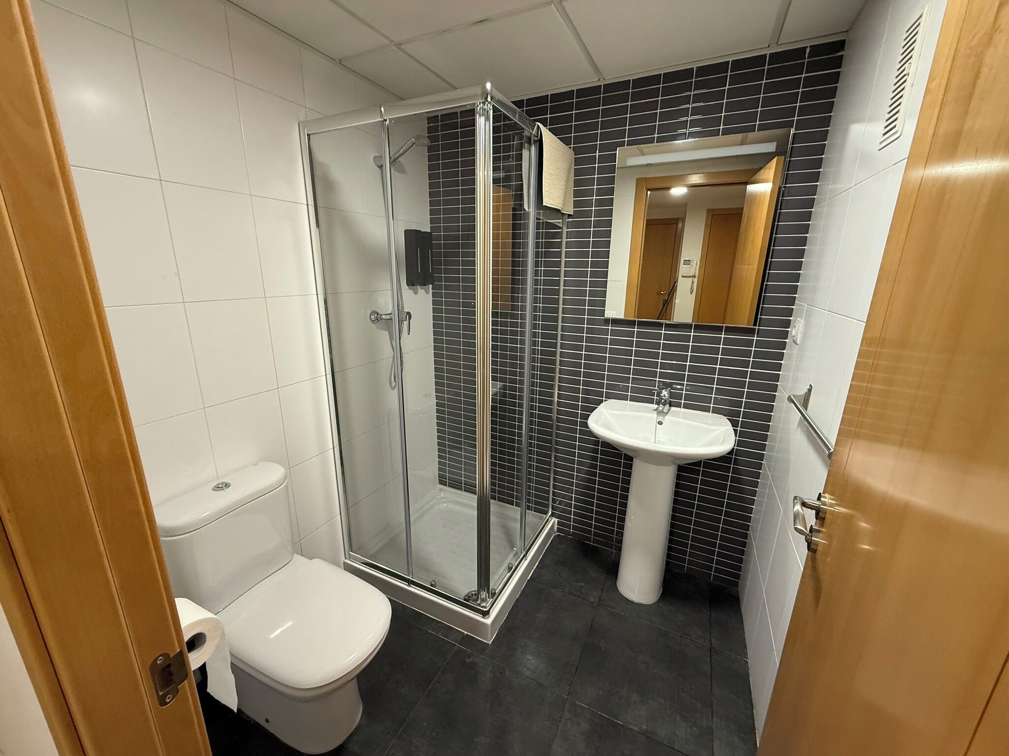 Een douche, een haardroger, een bidet, handdoeken