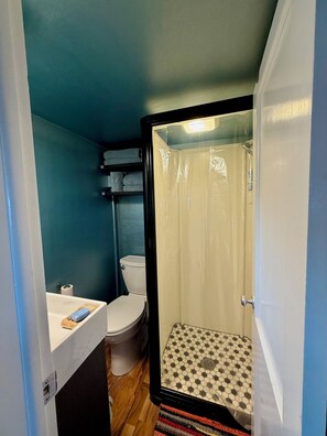 Shower, eco-friendly toiletries, hair dryer, towels