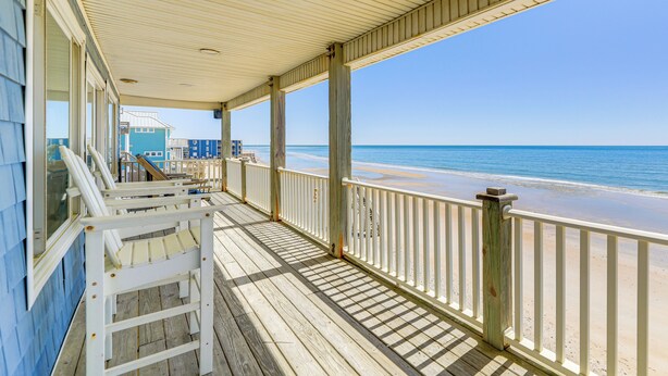 A wooden deck with a railing overlooking a beach. - Hot Tub & Decks: North Topsail Beach Home (North Topsail Beach)