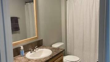 Shower, towels, soap, toilet paper