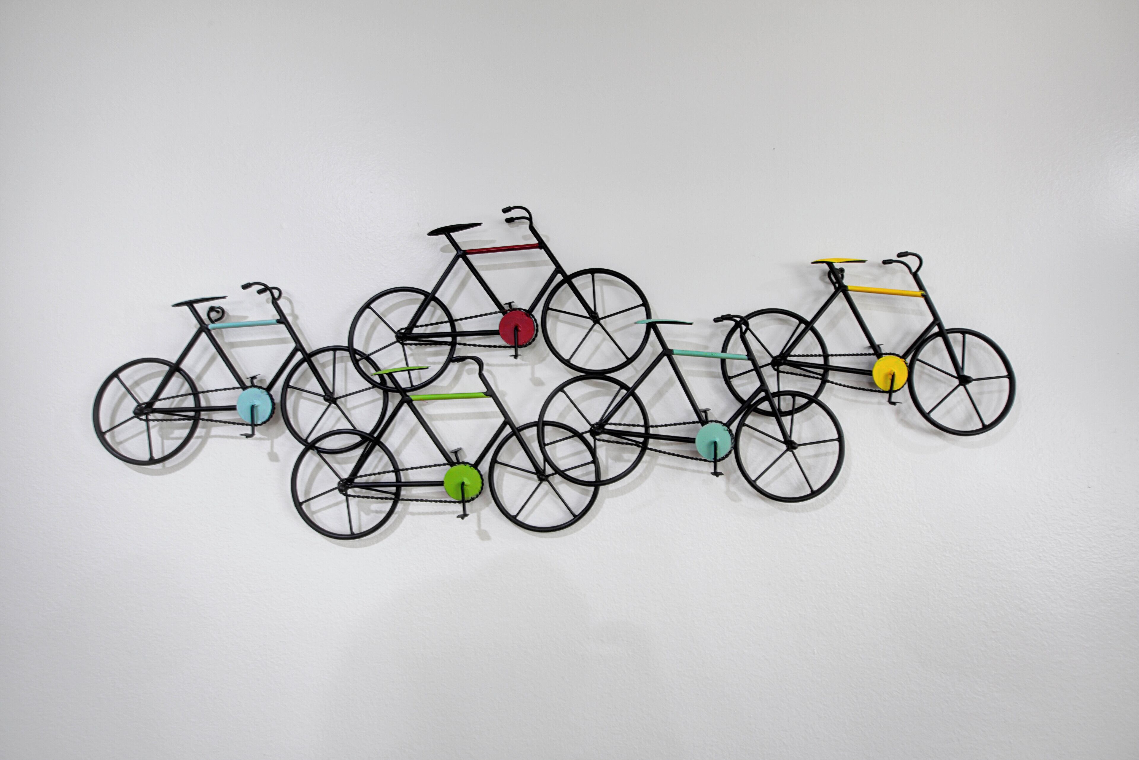 A wall-mounted bicycle art installation.