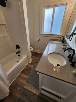 Hair dryer, towels, soap