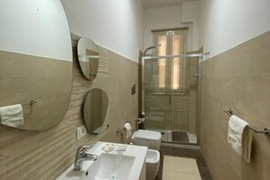 Shower, hair dryer, bidet, towels