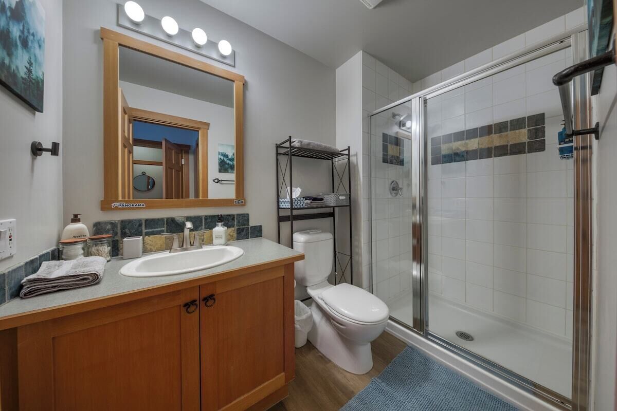 A bathroom with a vanity, sink, mirror, toilet, and shower area.