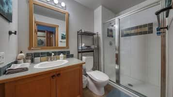 A bathroom with a vanity, sink, mirror, toilet, and shower area.