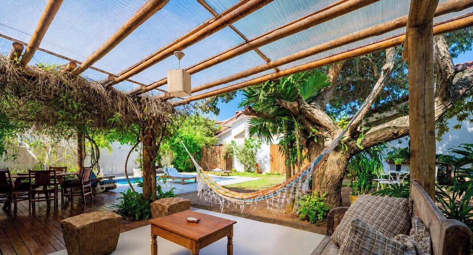 A covered outdoor area with a pool, wooden furniture, and a hammock.
