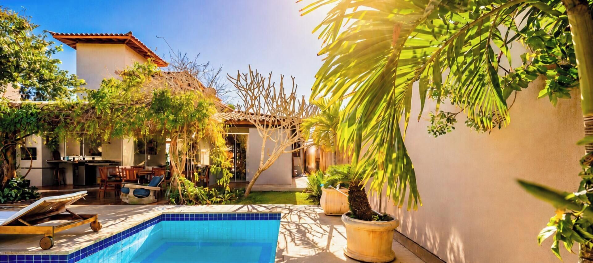 Un patio trasero con piscina, pérgola y diversas plantas.