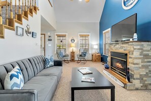 Smart TV, fireplace, foosball