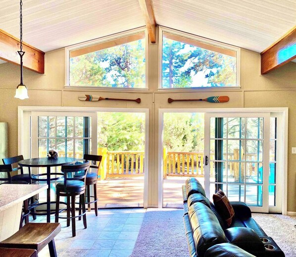 Smart TV, fireplace, books