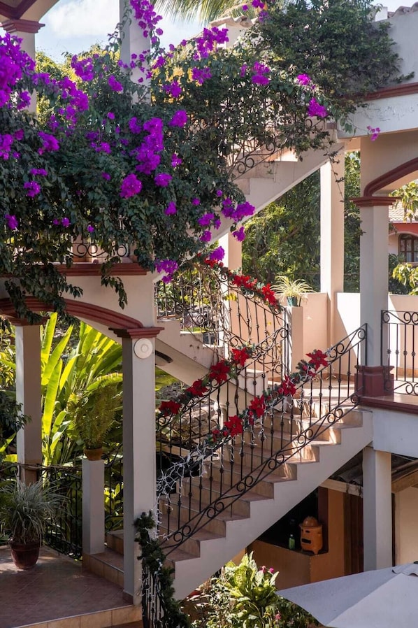Una escalera exterior de varios niveles con barandillas de hierro forjado, rodeada de vegetación exuberante y coloridas flores de buganvilla moradas.