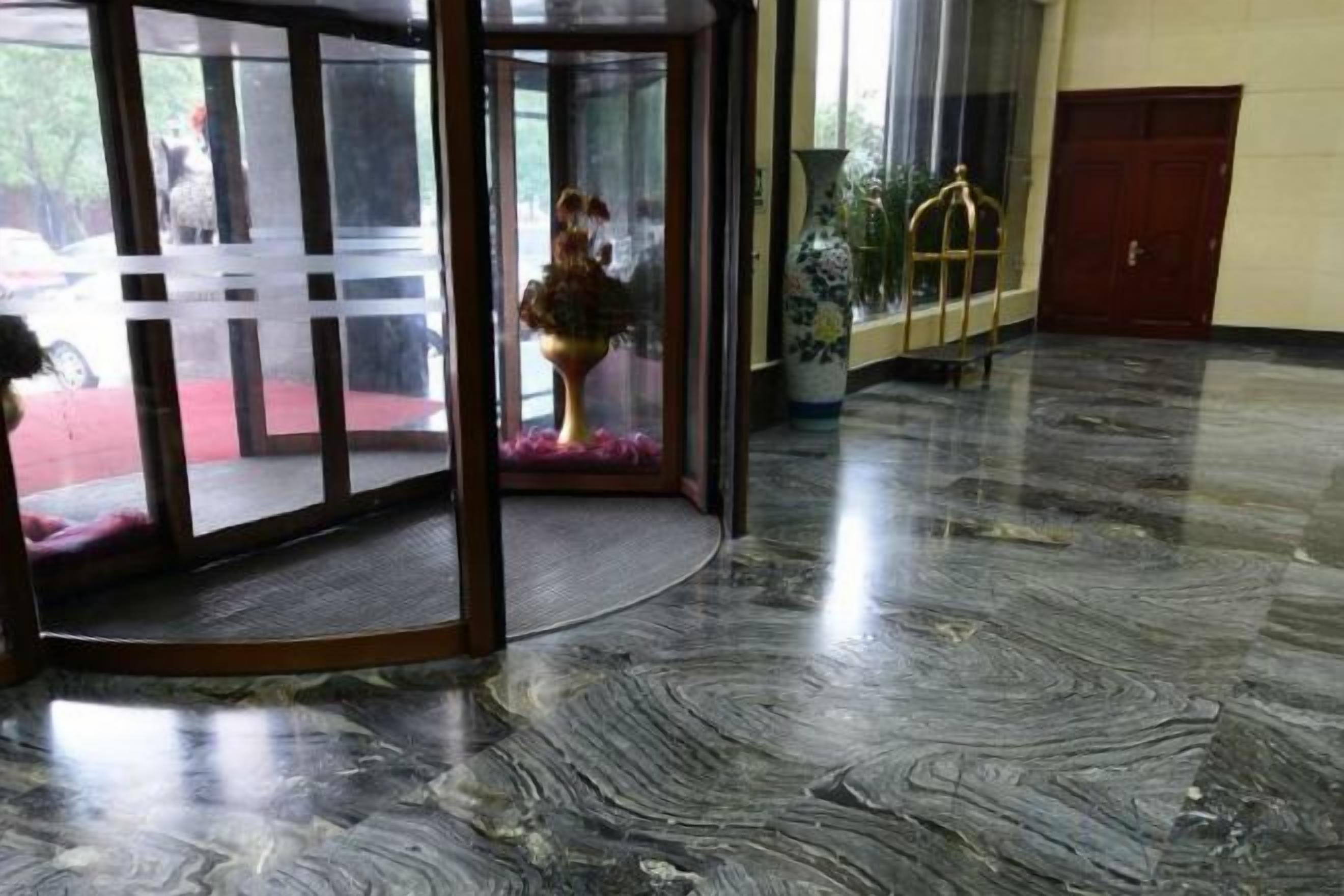 Un vestíbulo con puerta de vidrio, una planta en maceta y suelo de mármol.