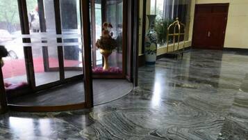 Un vestíbulo con puerta de vidrio, una planta en maceta y suelo de mármol.