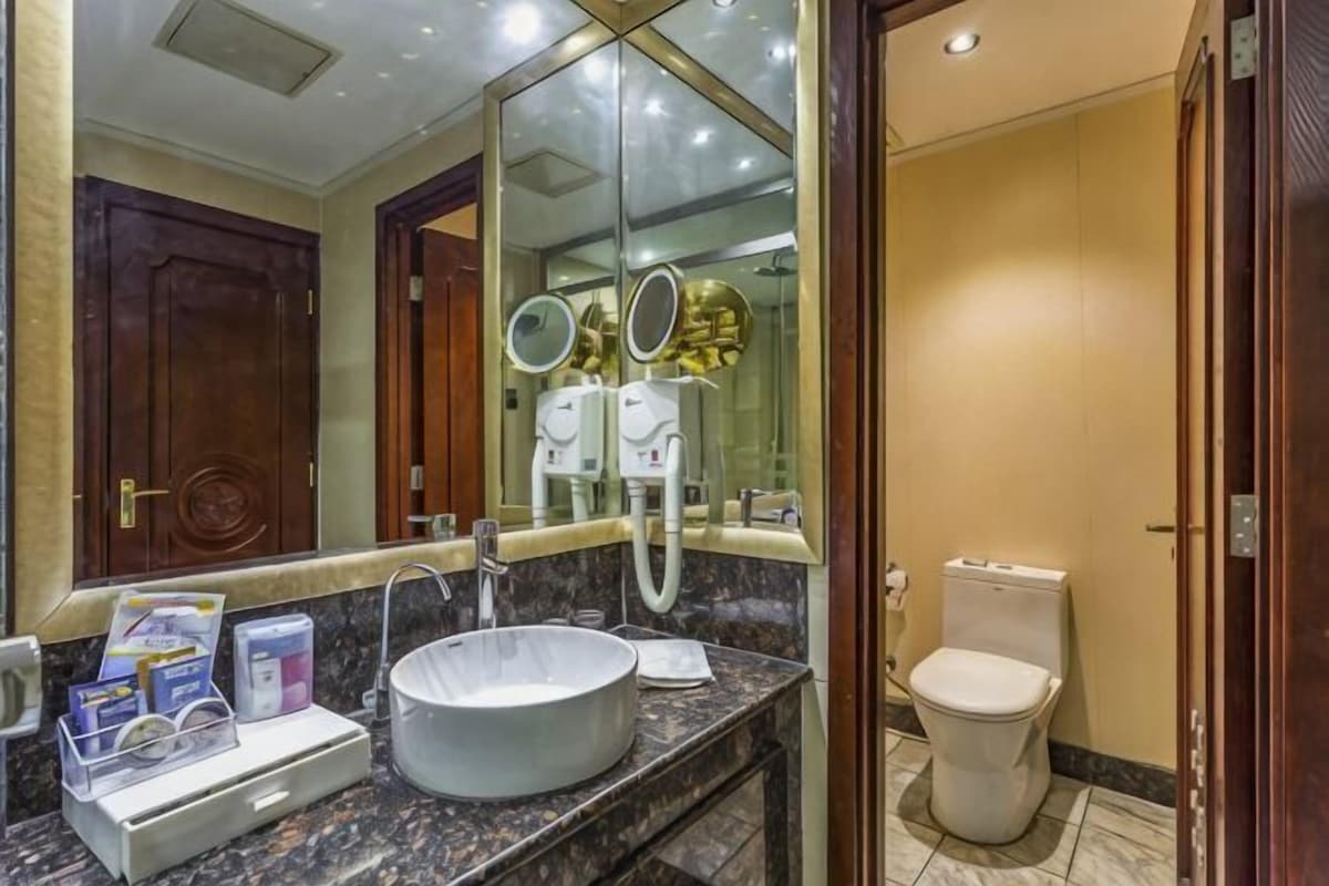 A bathroom with a marble sink, two mirrors, a toilet, and a wooden door.