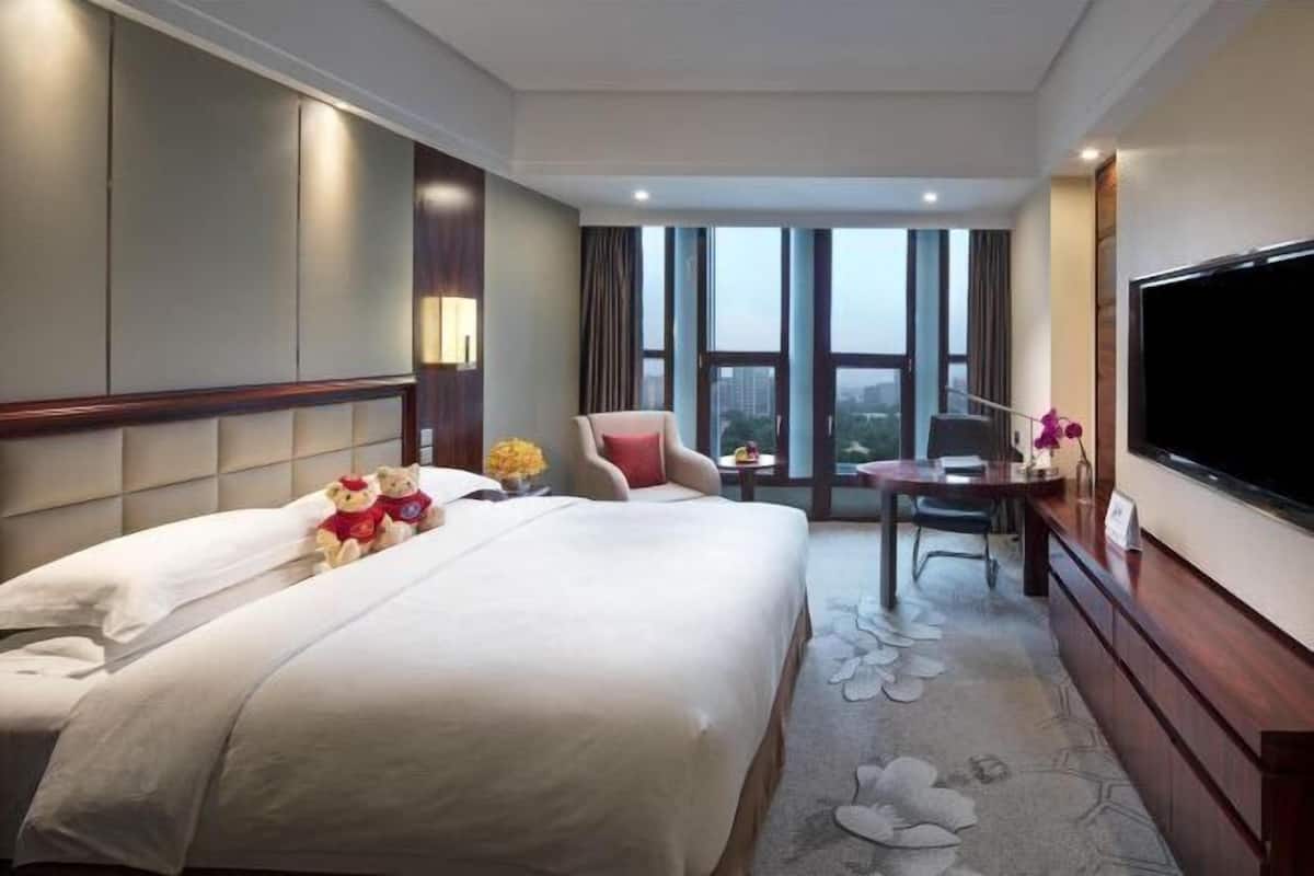 A hotel room with a large bed, a desk, a chair, a TV, and a view of the city through large windows.