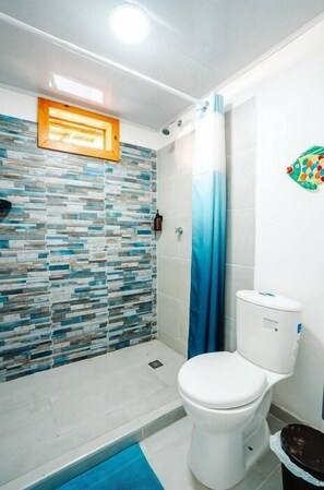 Douche, serviettes fournies, savon, papier toilette