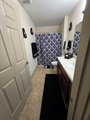 Hair dryer, towels, soap, toilet paper