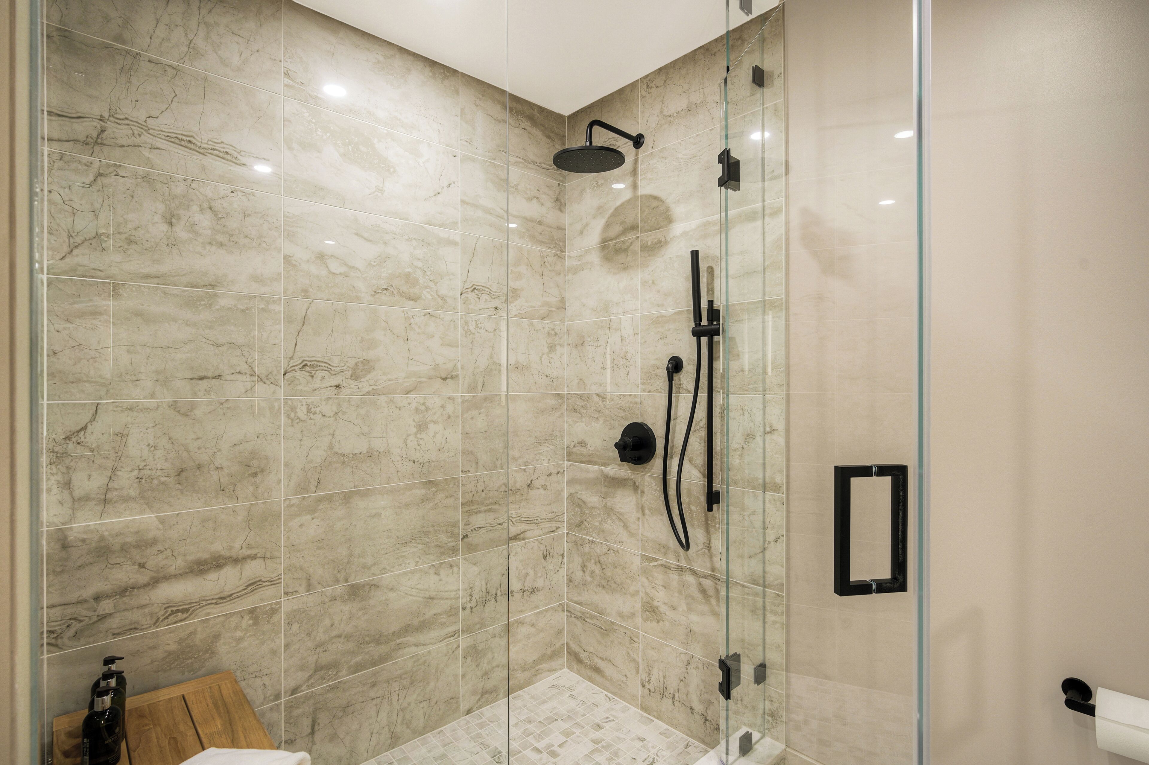 Shower, bathrobes, towels