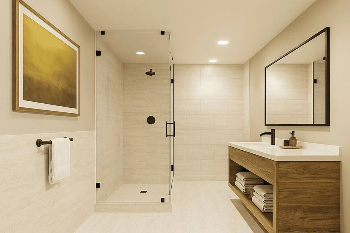 Une salle de bain moderne dotée d’une douche en verre, d’un meuble-lavabo en bois avec un miroir et d’une œuvre d’art encadrée accrochée au mur.