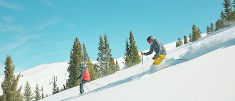 Eine Skipiste mit Bäumen und blauem Himmel.