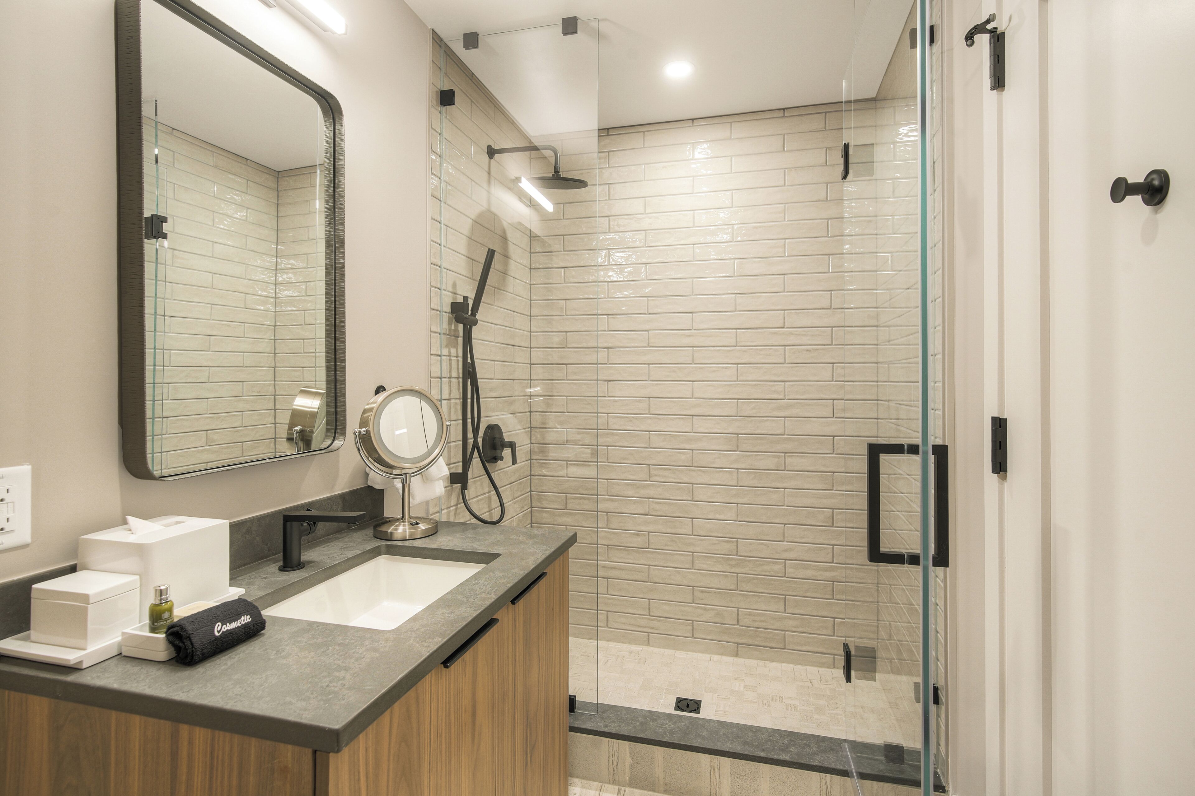Shower, bathrobes, towels