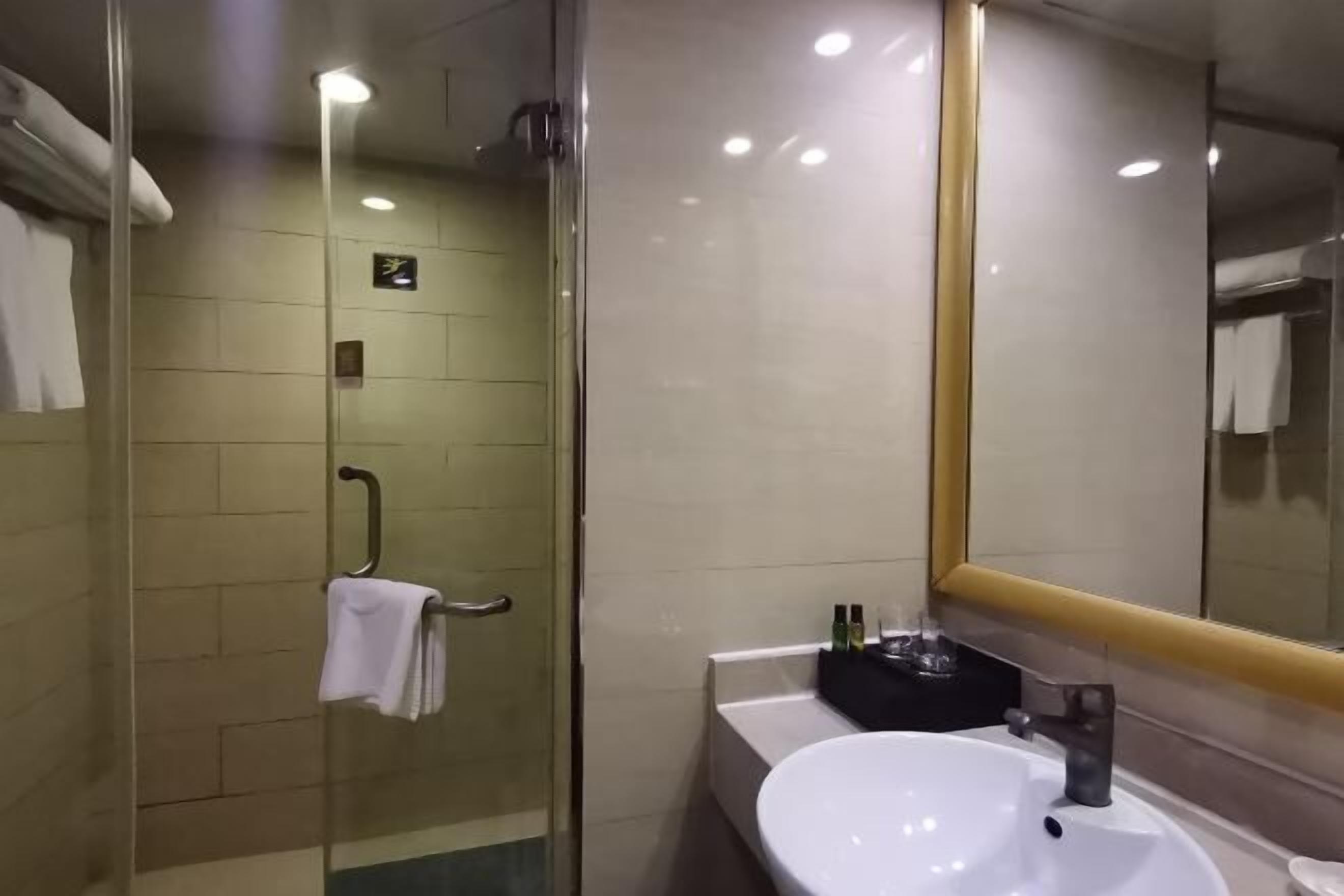 A bathroom with a glass shower enclosure, a white sink, and a large mirror.