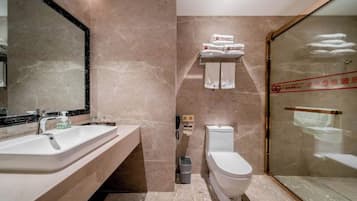 A modern bathroom with a large sink, toilet, and glass shower enclosure.