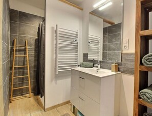 Shower, hair dryer, towels