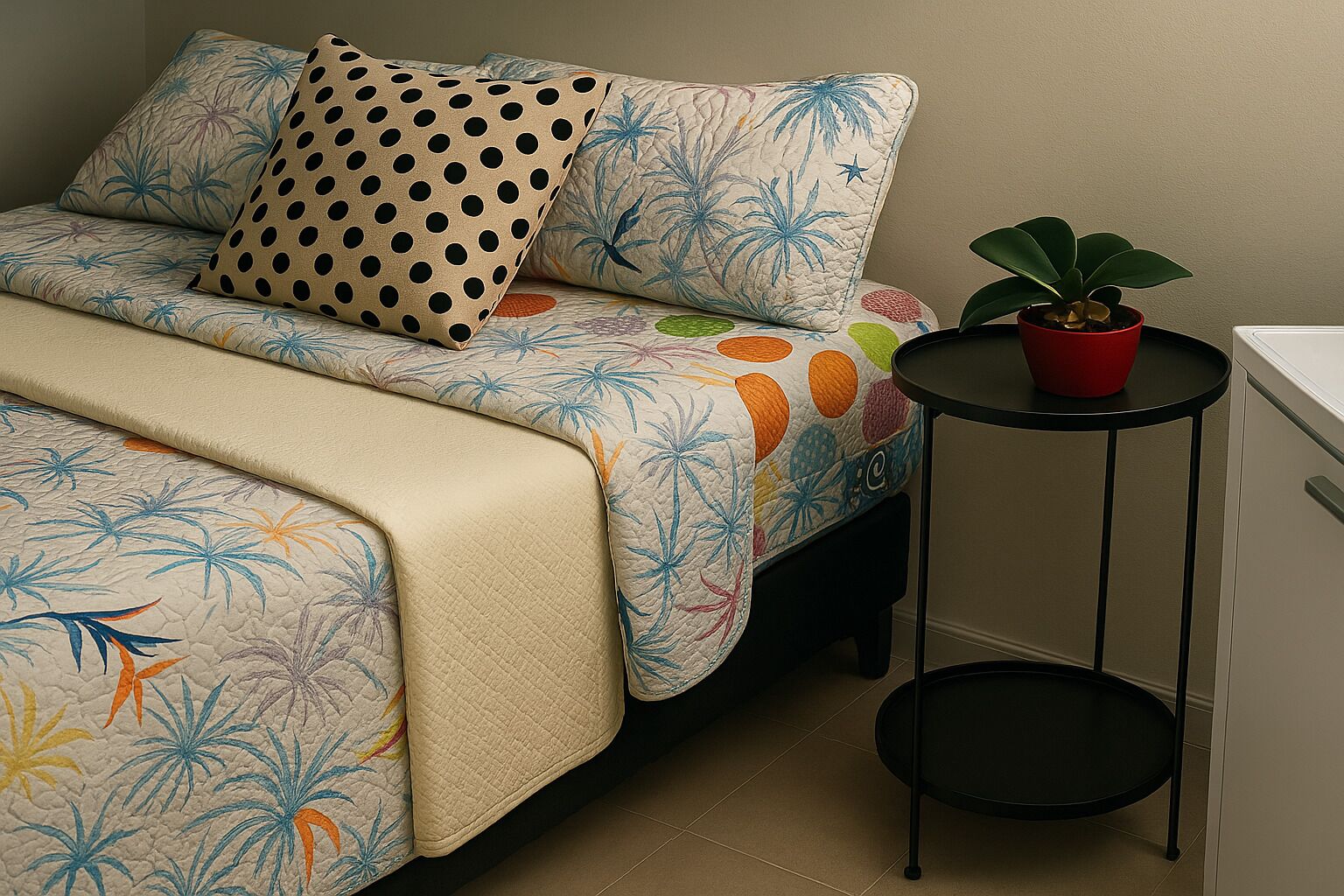 Ein Schlafzimmer mit Bett, Kissen, einem Nachttisch mit Pflanze und einem kleinen Hocker.