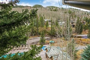 A residential area with houses surrounded by trees, a swimming pool, and a small dock. - Cozy 2BR Condo in Lionshead Village - Just Steps From Gondola! (Vail)
