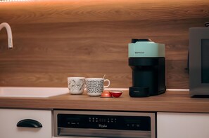 Fridge, microwave, dishwasher, coffee/tea maker