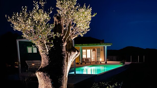 A tree with a lit trunk, a swimming pool, and a house with a lighted exterior. - Villa 'Es Rafal De Baix' with Sea View, Wi-Fi and Air Conditioning (Son Servera)