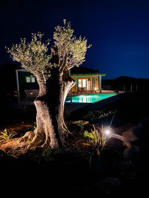 A tree with a lit trunk, a swimming pool, and a house with a lighted exterior. - Villa 'Es Rafal De Baix' with Sea View, Wi-Fi and Air Conditioning (Son Servera)