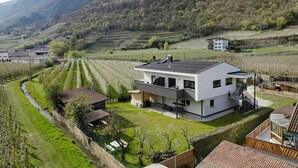 Una moderna casa a due piani con un balcone, immersa in un vigneto e affiancata da una piccola costruzione in legno.