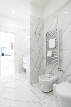 Shower, free toiletries, hair dryer, towels