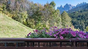 Eine Holzterrasse mit einem Blumenbeet voller violetter Blumen, eine grüne Hügelkuppe und ein Bergpanorama im Hintergrund.