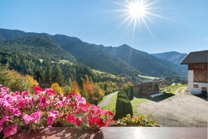 A rural landscape with mountains, a clear sky, and a building with a sloped roof. - Room 'Einzelzimmer 7' with Mountain View, Private Terrace and Wi-Fi (Funes)