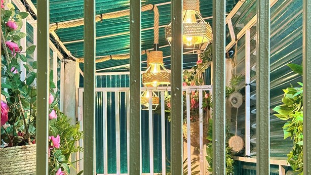 A greenhouse with metal bars, hanging lights, and various plants. - Charming 1BR Apt in the Heart of Maculusso-Free Netflix-High speed wifi (Luanda)