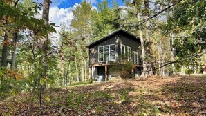 Mökki metsässä, jossa on terassi ja suuret ikkunat.