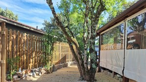 Un chemin de gravier, une clôture en bois et une structure abritée dans un jardin.