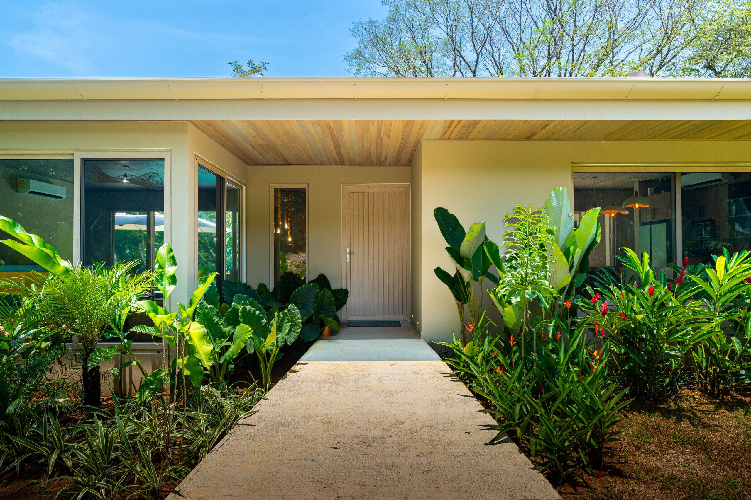 Una casa moderna con un sendero de hormigón que conduce a una puerta, rodeada de exuberante vegetación tropical.