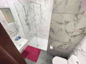 Ducha, secador de pelo, toallas, jabón