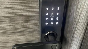 Una puerta moderna con teclado numérico y manija de palanca.