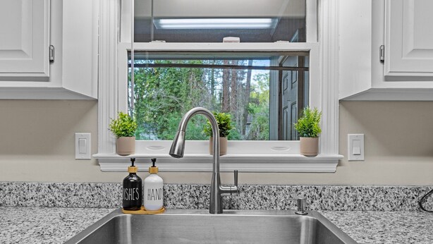 A kitchen with a stainless steel sink, granite countertop, and a window with potted plants.
