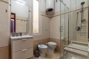 Shower, hair dryer, bidet, towels