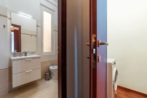 Shower, hair dryer, bidet, towels