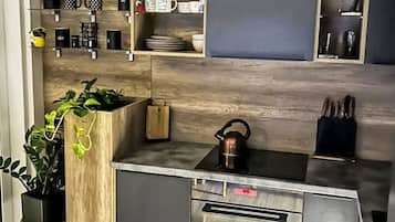 Fridge, microwave, oven, high chair