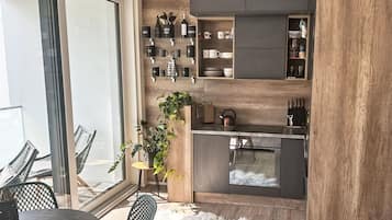 Fridge, microwave, oven, high chair