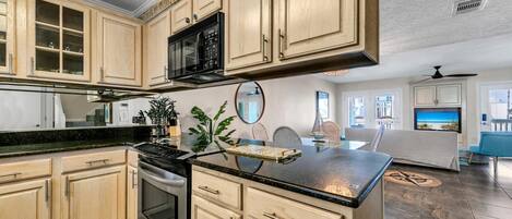 Fridge, microwave, oven, stovetop