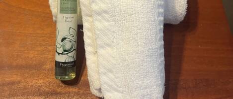 Hair dryer, towels, soap, toilet paper